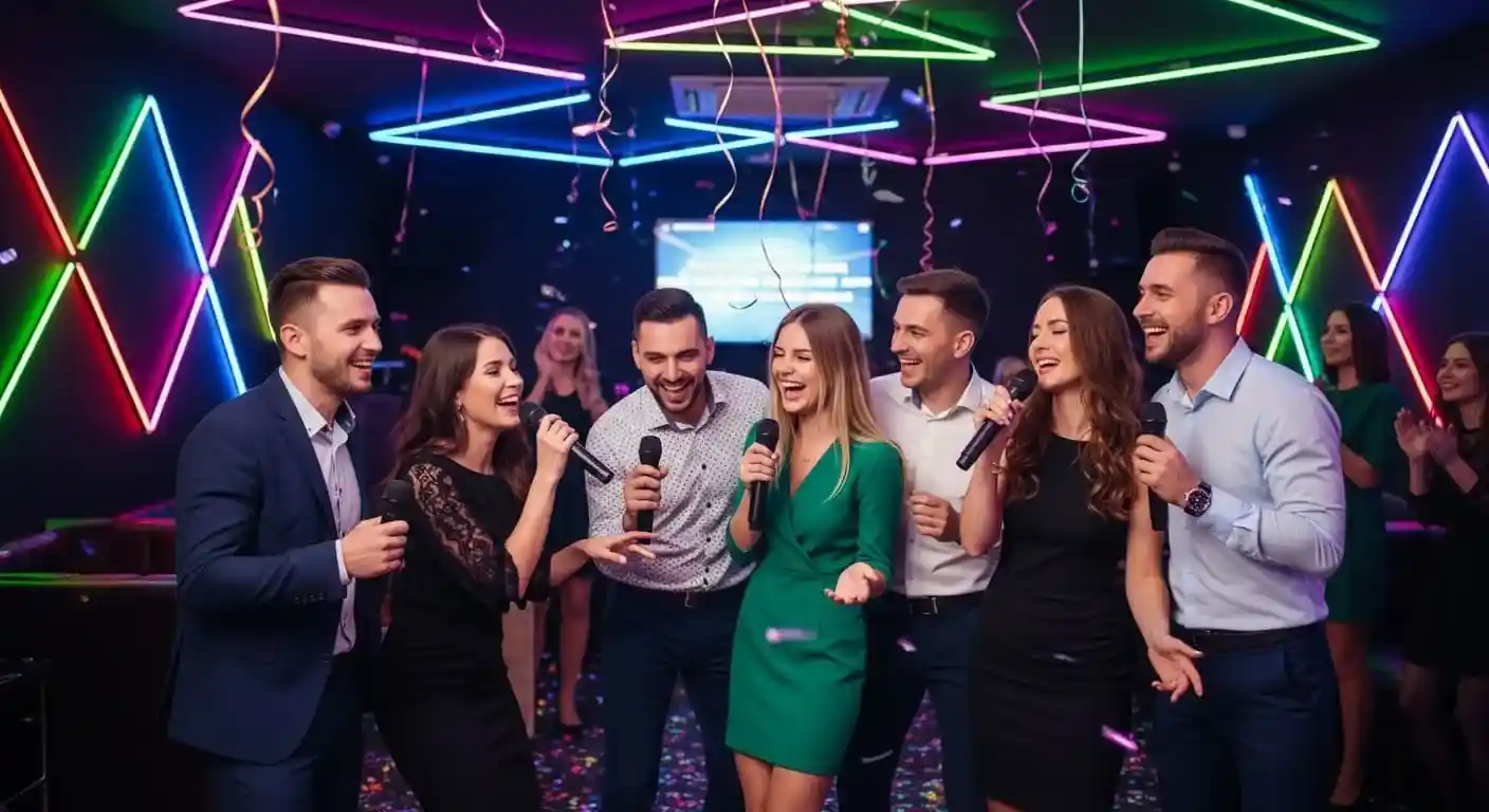 Компания друзей поет в караоке на Новый год