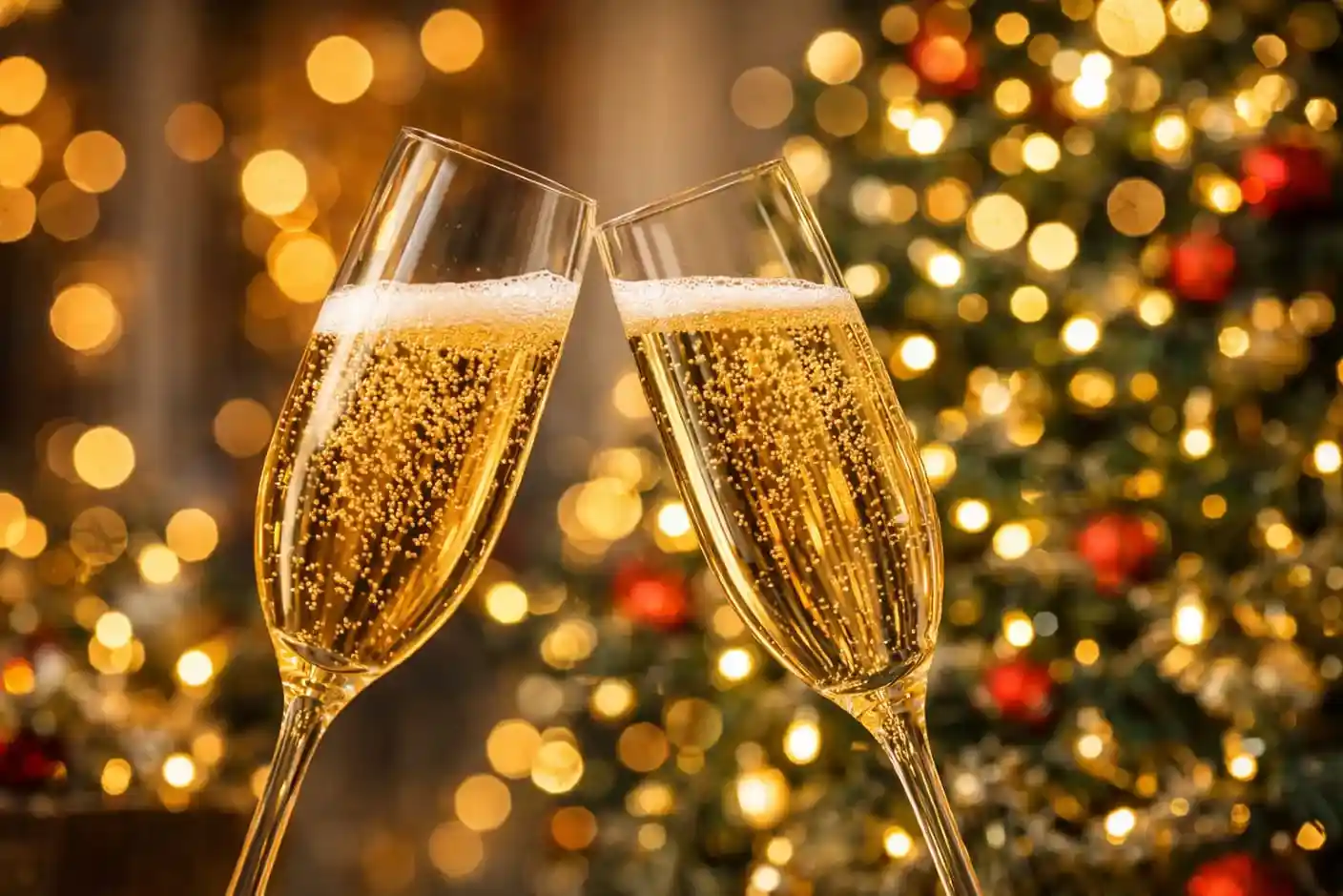 Бокалы с шампанским на фоне новогодних огней