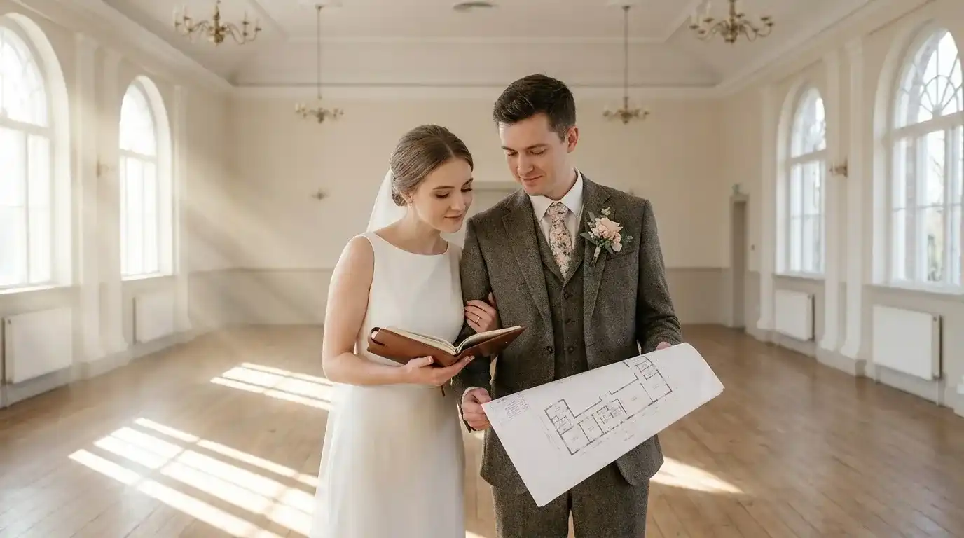 Молодожены выбирают формат свадьбы в банкетном зале.