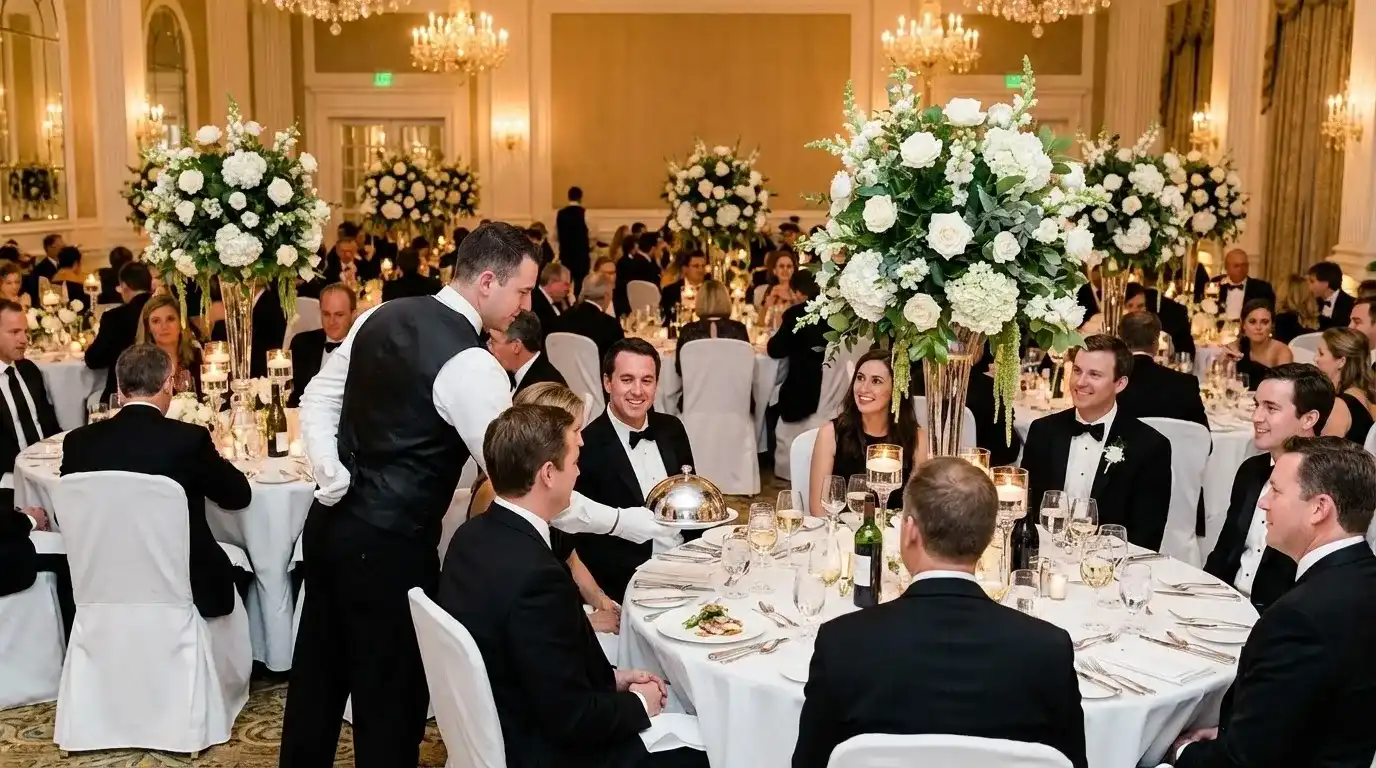 Традиционный свадебный ужин с рассадкой за столами.