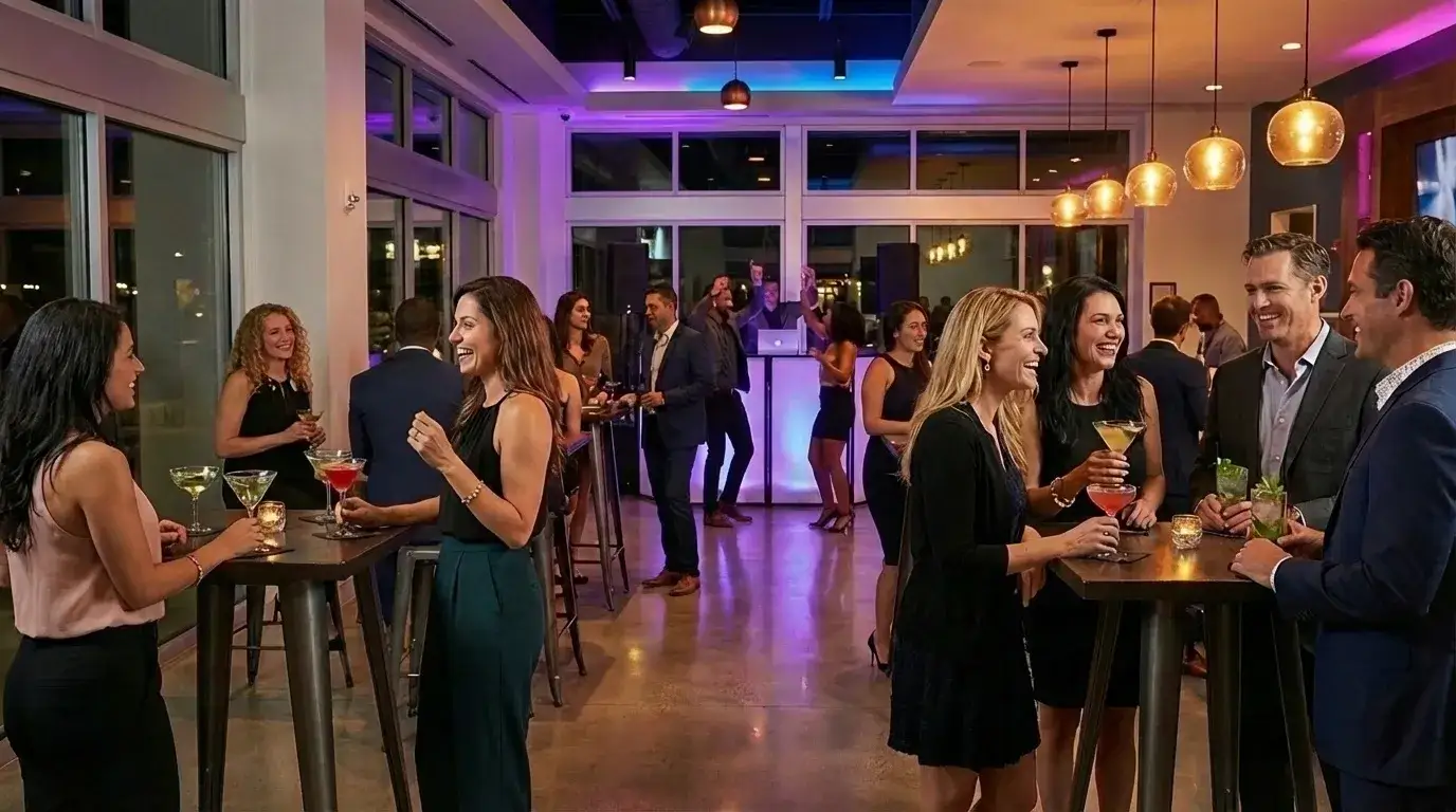 Формат вечеринки в ресторане: гости свободно перемещаются, общаются и танцуют