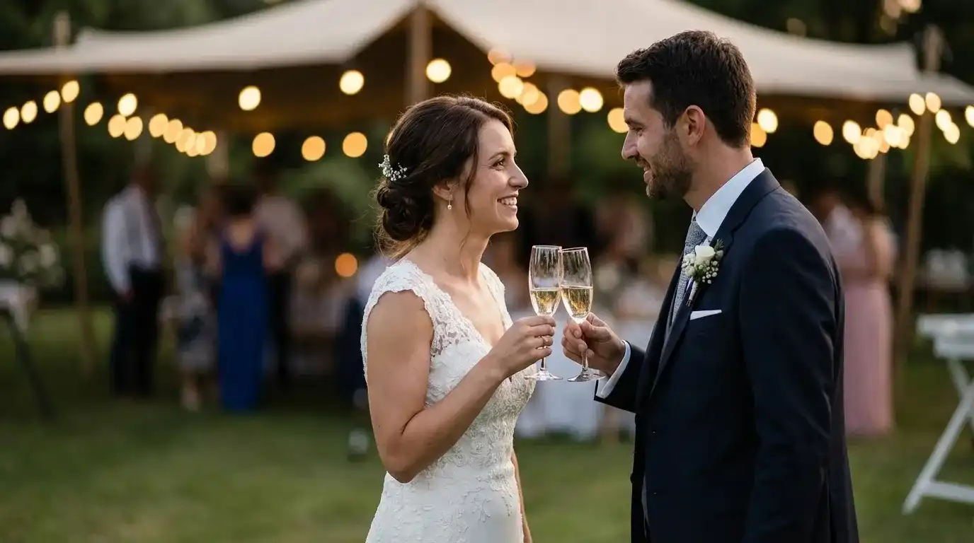 Счастливые молодожены с бокалами шампанского.