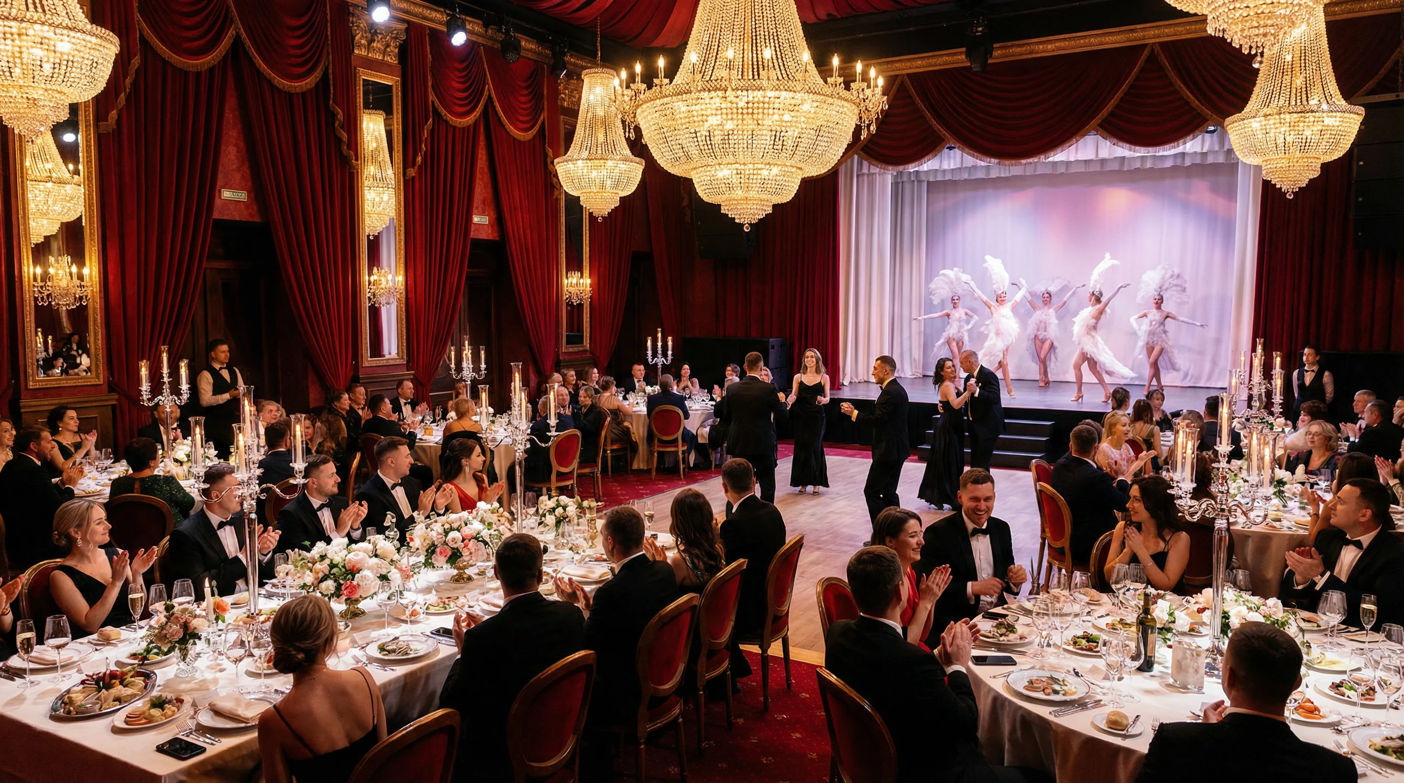 Interior of a luxurious "Млын Руж" style cabaret restaurant "Mlyn Rouge" in Minsk during a wedding reception